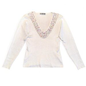 Unique Vintage White V-Neck Sweater with beaded  Embellishments